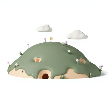 A grassy hill with a variety of textures and shades of green. The hill has several visible tunnel entrances, varying in size, indicating the activity of burrowing animals. The entrances are surrounded by disturbed soil and tufts of grass. Some tunnel holes are deeper, suggesting larger animals, while others are smaller, indicating smaller critters. Various flowers and small plants dot the hillside, enhancing the natural appearance. The sky above is clear with a few fluffy white clouds.