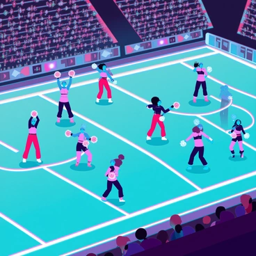 A vibrant halftime show featuring multiple performers in brightly colored costumes. The performers are executing choreographed dance routines on the field, showcasing a variety of moves and formations. Cheerleaders are positioned at the sidelines, holding pom-poms, and they are energetically cheering and performing synchronized jumps. The field is illuminated with bright lights that enhance the colors of the costumes and the dynamic atmosphere. Spectators in the stands are cheering, creating a lively and celebratory environment surrounding the performance.