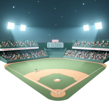 A baseball field, featuring a lush green grass infield and outfield, illuminated under bright stadium lights. The dirt infield is neatly raked, and white chalk lines mark the bases and foul territory. Spectators can be seen in the stands, with some holding up signs and wearing team jerseys. A clear night sky is visible above, with a few stars shining. The scoreboard displays the current inning and score, while players in full uniforms are positioned on the field, ready for the game to continue. Bright beams of light create sharp contrasts and highlight the vibrant colors of the field and uniforms.