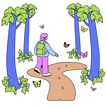 A hiker wearing a green backpack and a light blue shirt is pausing on a dirt forest trail. The hiker stands at a fork in the path, contemplating which direction to take. Around the hiker, colorful butterflies are fluttering, with some resting on nearby wildflowers. Tall trees with green leaves frame the trail, and dappled sunlight filters through the branches, creating patterns on the ground.