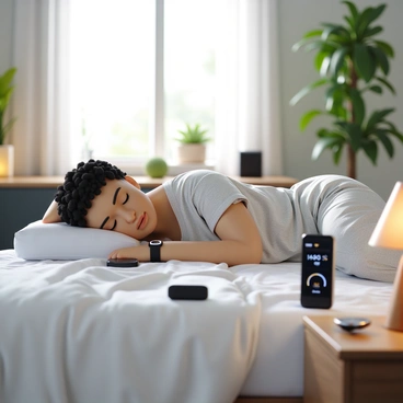 A person with medium skin tone, lying comfortably on a bed with white sheets, is sleeping deeply. The person has short curly hair and is dressed in light pajamas. Surrounding the bed are various AI devices, including a sleek bedside monitor displaying sleep data, a small smart speaker, and a wearable sleep tracker on the person's wrist. The bedroom is decorated with soft lighting, featuring a gentle glow from a lamp on a wooden nightstand. There are green plants in the background, adding a touch of nature to the serene atmosphere. A window with sheer curtains allows soft light to filter into the room.