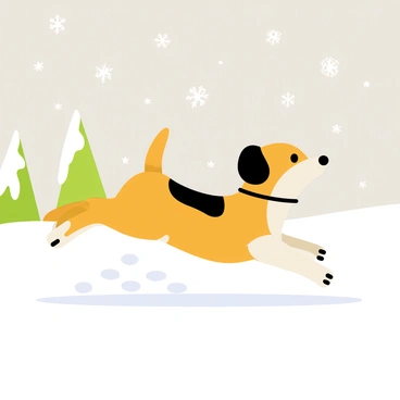 A cheerful beagle with a brown and white coat is bounding through a blanket of fresh, white snow. Its ears are flapping in the air as it leaps energetically. The ground is covered in a thick layer of snow, and the beagle leaves a trail of distinct paw prints behind. Flakes of snow are gently falling from the gray sky, adding to the wintry scene. There are patches of evergreen trees in the background, dusted with snow, creating a lively winter atmosphere.