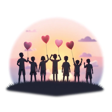 Silhouettes of several children standing on a grassy hill, each holding a heart-shaped balloon. The children vary in height and appearance, with some wearing t-shirts and shorts. The balloons are in bright red and pink hues. The background features a vibrant sunset with shades of orange, pink, and purple blending together in the sky. The sun is partially visible, casting a warm glow across the scene, while the silhouettes of the children create a striking contrast against the colorful sky.