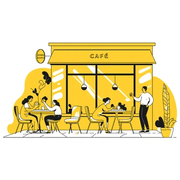 A sidewalk café with several small tables set up outside. People are seated at these tables, engaging in conversation while sipping coffee from white cups. Some individuals have plates in front of them containing various pastries, such as croissants and muffins. The café building is partially visible behind them, featuring large windows. A few potted plants add a touch of greenery to the scene, while a sign with the name of the café hangs above the entrance.