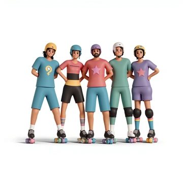 A group of five roller derby players standing in a dynamic pose on smooth pavement. Each player is wearing a colorful and unique team uniform, with patterns and designs that stand out. The first player has a bright blue top with yellow accents and matching blue shorts. The second player is dressed in a bold red shirt with black stripes and black shorts. The third player is in a vibrant green uniform with orange details. The fourth player wears a purple jersey adorned with pink stars, paired with purple shorts. The fifth player is dressed in a multi-colored outfit featuring a rainbow pattern. All players are wearing protective gear, including helmets and knee pads, and are showing confident expressions. Their roller skates are brightly colored, adding to the overall lively appearance of the group.