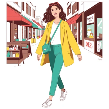 A young French girl with wavy brown hair is confidently walking down a fashionable street. She is wearing a stylish yellow oversized jacket paired with fitted teal jeans. Her outfit is completed with white sneakers and a small teal crossbody bag. The street is lined with trendy boutiques and cafés, with colorful awnings and displays in the background. The girl has a bright smile, and her sunglasses rest on top of her head.