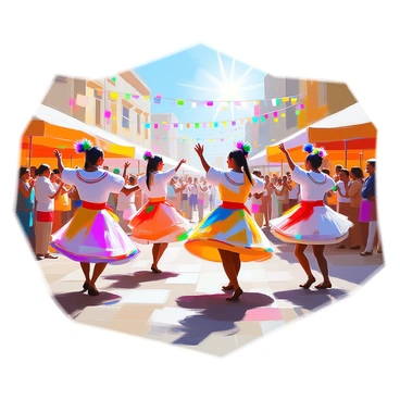 A vibrant street festival scene filled with a diverse group of people dancing joyfully. The dancers are dressed in colorful traditional costumes that feature intricate patterns and bright shades of red, blue, yellow, and green. Some participants have feathers and beads adorning their outfits, enhancing the festive atmosphere. In the background, there are decorated stalls with banners and streamers, and onlookers cheering and clapping along to the music. The sun is shining brightly, illuminating the lively celebration.