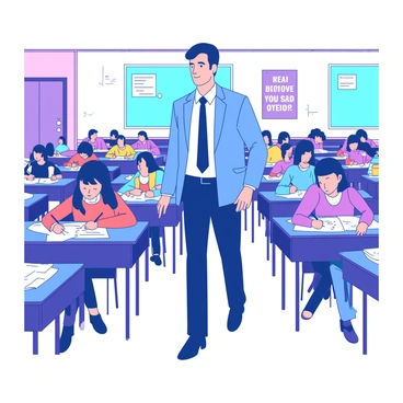 A tall exam supervisor wearing a blue blazer is walking down the aisles of a classroom filled with rows of desks. The supervisor's confident stride is noticeable as he observes the students. Each student is focused on their paper, writing with pencils. The walls of the classroom are painted in a pastel color, and there are motivational posters displayed. On the desks, there are scattered sheets of paper, pens, and water bottles. The lighting is bright, creating a clear view of the exam environment.