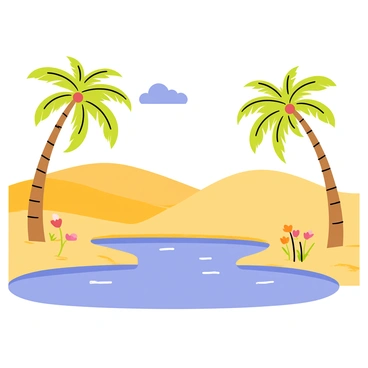 A tranquil oasis surrounded by tall, green palm trees with fronds swaying gently in the breeze. A clear blue pool of water reflects the sunlight, with small ripples created by the breeze. The sandy desert stretches out in all directions, with rolling dunes in shades of golden yellow and soft brown. A few colorful flowers bloom near the edge of the water, adding vibrant splashes of color to the scene. In the distance, a bright blue sky with a few fluffy white clouds completes the tranquil oasis setting.