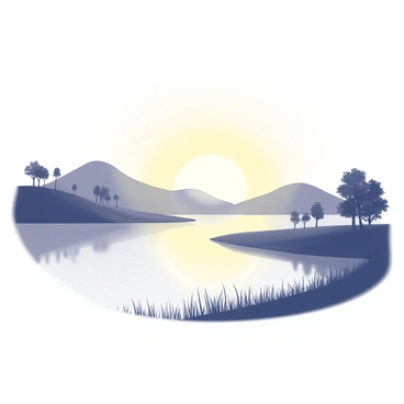 A sunrise breaking over a gentle landscape. The sun's rays are spreading across the horizon, illuminating the scene with a soft light. Silhouettes of rolling hills can be seen in the distance, and a few scattered trees stand against the brightening sky. The foreground features a calm lake reflecting the emerging light, while the edges are lined with tall grass gently swaying in the breeze.