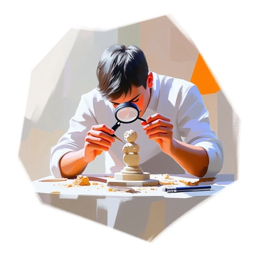 A sculptor using a loupe to carve a statue out of a pencil tip