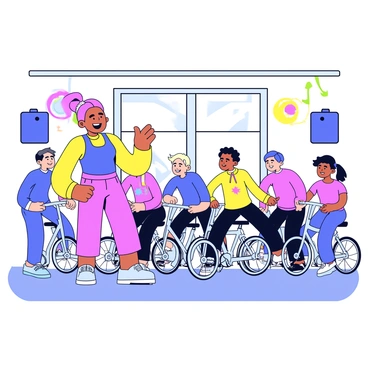 A charismatic cycling instructor stands at the front of a cycling class, smiling and gesturing enthusiastically. The instructor wears a vibrant sports outfit, and their hair is tied back. The room is illuminated with bright, colorful lights that create an energetic atmosphere. A group of participants on stationary bikes follows the instructor's lead, pedaling in sync. In the background, speakers emit rhythmic, upbeat music, enhancing the lively environment of the fitness class.