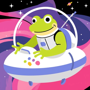 A green frog wearing a shiny silver spacesuit is seated at the controls of a small, round spaceship. The spaceship has bright blue windows and colorful buttons on its dashboard. The background is a vibrant galaxy filled with swirling pinks, purples, and blues, dotted with sparkling stars. The frog has a focused expression, looking ahead as it navigates through the cosmic scene. Colorful nebulae and distant planets are visible in the galaxy, adding depth and interest to the image.