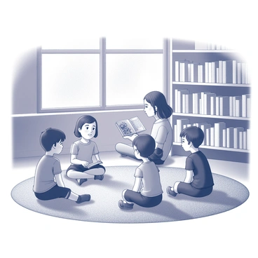A group of children is seated in a circle on a carpeted floor within a library. They are attentively looking towards an adult figure who is reading from an illustrated book. The children display various expressions of curiosity and excitement. The library's shelves are filled with books, showcasing a variety of titles that are visible in the background. Sunlight filters through windows, casting soft shadows and creating a warm atmosphere in the reading area.