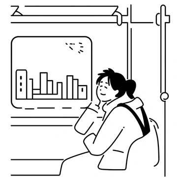 A traveler is sitting in a subway train, with their head resting against the window. They are wearing a warm jacket, and their hair is tousled. The subway seat is upholstered, and the interior of the train is visible with metal poles and overhead lights. Outside the window, a blurred cityscape can be seen, suggesting movement. The traveler's eyes are closed, and their expression is peaceful while the scene captures a moment of rest amidst the urban environment.