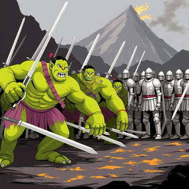 A group of muscular orcs with green skin and menacing expressions charge towards a line of armored soldiers. The soldiers, clad in shiny silver armor, stand resolutely with swords raised high. The background features a dark, volcanic landscape of Mordor, with a smoky sky and a looming mountain spewing ash and lava. The ground is scattered with weapons and debris from the battle. Action-packed poses of the orcs and men convey the intensity of the struggle. The scene captures the clash of swords and the fierce determination of both sides.