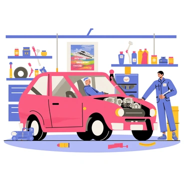 A rally car with a vibrant red exterior is positioned in the center of a bustling garage. The car has a slightly open hood, revealing its intricate engine components. A mechanic wearing a blue jumpsuit is focused on fixing the engine, with a wrench in hand. Surrounding the car, various tools are organized on metal shelves, including hammers, screwdrivers, and jars filled with nuts and bolts. There are scattered car parts, such as tires and bumpers, on the floor. In the background, a large poster of a racing event is hanging on the wall, and bright overhead lights illuminate the scene, highlighting the activity in the garage.
