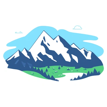 A white majestic mountain range stretches across the horizon, forming the silhouette of a lion with its mane prominently displayed. The peaks rise sharply, creating a strong and powerful shape reminiscent of the lion's head. The background features a smooth blue sky with a few wispy clouds. Below the mountains, a lush green valley is visible, dotted with small trees and patches of wildflowers. The scene captures the grandeur of the mountain range while highlighting the lion-like outline formed by the peaks.