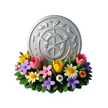 A car emblem designed with intricate details, featuring elements inspired by nature, such as leaves and vines. The emblem is made of shiny metal, reflecting light beautifully. It rests on a colorful bed of flowers, including daisies, tulips, and violets, with green foliage surrounding them. The flowers are vibrant and varied in shape and size, creating a rich tapestry beneath the emblem. The composition highlights the contrast between the sleek design of the emblem and the organic beauty of the flowers.
