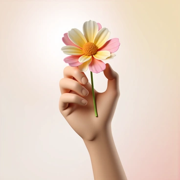 A gentle right hand holding a blooming flower against a soft background.