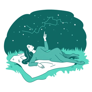 A teal Bella Swan is lying on a white blanket spread out on the grass. She has her long hair cascading around her shoulders as she looks up at the night sky filled with bright stars. Bella is pointing with her right hand towards a cluster of stars, indicating the shape of a constellation. The blanket has a simple pattern, and the grass around it is softly illuminated by the moonlight, enhancing the twinkling stars above.