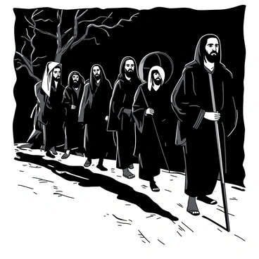 A group of apostles is journeying under the cover of night, moving steadily along a winding path. Each figure is cloaked in deep, shadowy garments that blend into the surrounding darkness. The apostles exhibit determined expressions on their faces, illuminated only by a faint, ethereal light that glimmers softly around them. The path they tread is bordered by ancient trees, their silhouettes casting long shadows that stretch across the ground. The atmosphere is charged with a sense of urgency as the apostles advance, their purposeful strides echoing the weight of their mission.