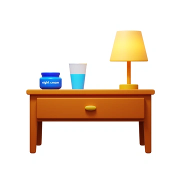 A bedside table with a wooden finish. On the table, there is a small container labeled "night cream." Next to it, there is a clear glass filled with water, reflecting the soft light. A cozy lamp with a warm glow stands on the other side of the table, its light illuminating the space gently.