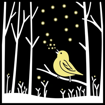 A nightingale with intricate feather patterns perched on a branch in the foreground. The bird is singing softly, its beak open, while surrounding it are numerous glowing fireflies illuminating the dark surroundings. The forest is filled with tall, slender trees with delicate leaves, their silhouettes creating a natural frame around the scene. The ground is covered with soft moss and small wildflowers, adding to the enchanted atmosphere. The air appears to shimmer with the golden light emitted by the fireflies, creating a magical ambiance.