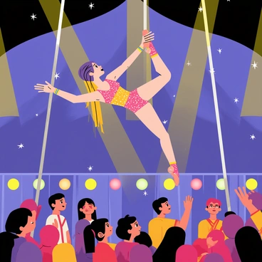 A graceful trapeze artist mid-swing high above the crowd with bright spotlights