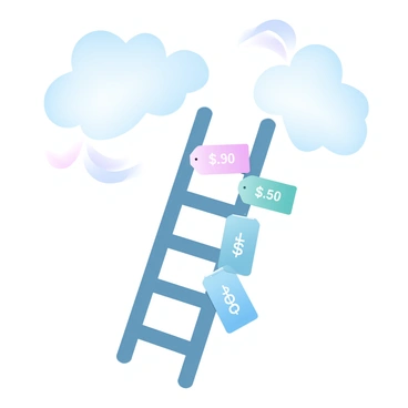 A ladder constructed from colorful price tags is ascending toward a sky filled with fluffy clouds. The clouds have distinct shapes resembling dollar signs, adding a whimsical touch to the scene. The price tags display various prices and are attached to each rung of the ladder. The overall atmosphere is bright and airy, creating a visual connection between the ladder and the dream-like sky above.