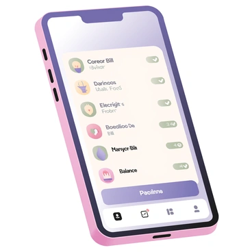 A digital flat illustration of a smartphone screen displaying a digital wallet app. The screen shows a list of recent transactions, prominently featuring multiple bill payments. Each transaction is represented by colorful icons indicating various bill types, such as a light bulb for electricity, a droplet for water, and a smartphone for mobile services. The payments are marked with check marks in green to indicate completion. Below the list, there is a balance display showing the remaining available funds in bold text. The background of the smartphone screen is a soft gradient, enhancing the visual appeal of the app.