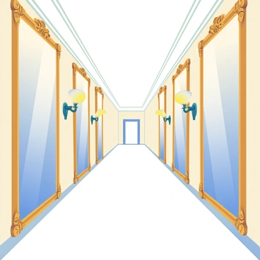 A long hallway is depicted with walls covered in large, ornate mirrors that create the illusion of an endless corridor. The mirrors reflect the soft, warm light from elegant sconces mounted on the walls, casting gentle shadows on the polished wooden floor. At the far end of the hallway, a subtle hint of a doorway is visible, framed by intricate moldings. The ceiling above is high and adorned with delicate decorative patterns, adding depth to the scene. The overall atmosphere is inviting yet mysterious, inviting exploration down the seemingly infinite path.