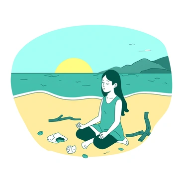 A teal beach stretches along the shore, with gentle waves softly lapping against the sand. In the foreground, Ichinose is seated cross-legged on the warm yellow sand, eyes closed in deep meditation. The rising sun casts a soft glow, illuminating Ichinose's features and creating a serene atmosphere. The sky above is gradually transitioning from deep blue to a bright yellow, signaling the arrival of a new day. Small seashells and pieces of driftwood are scattered around Ichinose, adding detail to the tranquil scene.