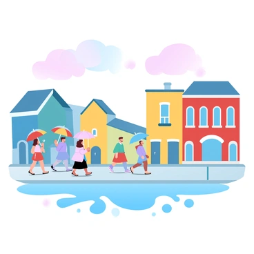 A vibrant street scene with various buildings painted in bright shades of blue, yellow, and red. People are walking along the sidewalk, dressed in colorful raincoats and carrying umbrellas. A puddle lies in the foreground, reflecting the vivid colors of the buildings and the figures above. The ground is wet, enhancing the brightness of the colors. The sky above is a gradient of pastel colors, transitioning from soft pink to light blue.