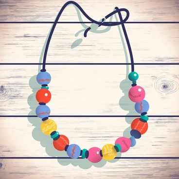 A colorful ethnic bead necklace is arranged prominently in the center of the image. The necklace features a variety of beads in vibrant colors, including red, blue, yellow, and green, with intricate patterns adorning each bead. The beads are strung together with a thin, dark cord. The rustic wooden background has a weathered texture, showcasing visible grains and knots, which adds warmth to the overall composition. Soft light casts gentle shadows, enhancing the three-dimensional quality of the necklace against the wooden surface.