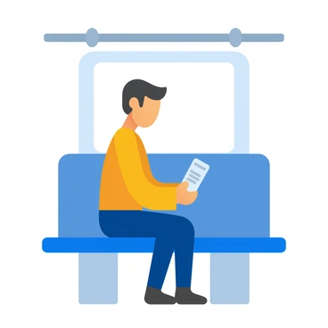 A male coder sitting on a train seat, focused on a smartphone, with coding lines visible on the screen, while holding onto the overhead handrail.