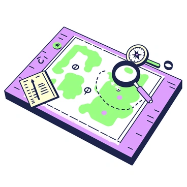 A wooden table is displayed prominently, with a secret map spread across its surface. The map is intricately detailed, featuring various areas marked with symbols representing different mafia territories. A magnifying glass rests on top of the map, its lens focusing on one of the symbols. In the background, there are scattered items including a compass, a small notebook, and a few antique coins. The lighting casts soft shadows, enhancing the texture of the wooden table and the map.