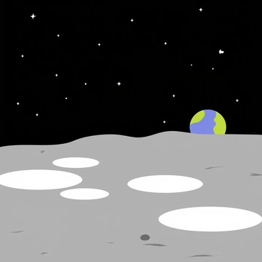 A lunar landscape featuring a stark gray surface with large, glowing craters that emit a soft white light. The ground is uneven with scattered moon rocks and dust. In the distance, a vibrant blue and green "Earth" is rising over the horizon, casting a gentle glow across the scene. The sky is a deep black, with a few twinkling stars scattered throughout, enhancing the dreamlike quality of the setting.