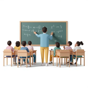 A teacher, wearing a blue shirt and glasses, stands at the front of a classroom. They are pointing at a chalkboard filled with various math equations written in white chalk. The classroom is bright and organized, with wooden desks arranged in rows. Several students, dressed in colorful clothing, are seated at their desks, looking up at the teacher with focused expressions. Some students are taking notes while others have their hands raised, ready to ask questions.