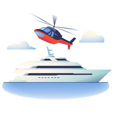 A sleek private helicopter with a glossy black finish and bright red accents is flying low over a luxurious yacht. The yacht, an elegant white vessel with two levels and large windows, is anchored in the middle of a calm sea, reflecting the light from the sun. The water is a deep blue, perfectly smooth, creating a mirror-like effect. In the background, the horizon is clear, with a few fluffy white clouds dotting the sky. The helicopter’s rotors are spinning, casting a shadow over the yacht as it approaches.