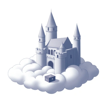 A castle made of clouds is suspended high in the sky. The structure features grand towers with turrets and a wide archway serving as the entrance. At the gates of the castle, there is a mysterious box resting on the cloud surface. The box is ornately designed, with intricate carvings and a clasp that appears to be locked. Surrounding the castle, there are fluffy clouds drifting, enhancing the ethereal atmosphere of the scene.