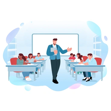 A teacher is walking between rows of desks in a classroom. The teacher is wearing a smart blazer and holding a clipboard. Students are sitting at their desks, focused on their exams, with papers and pencils in front of them. The room is filled with bookshelves lining the walls and a large whiteboard at the front. Soft, gradient pastel colors fill the background, creating a calm atmosphere.