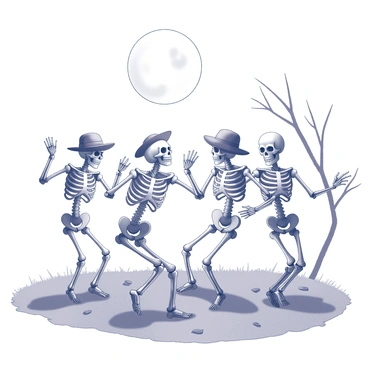A group of skeletons is engaged in a lively dance under a full moon. The skeletons are arranged in a circle, with some facing inward and others outward, showcasing their bony limbs in dynamic poses. Each skeleton is adorned with a variety of accessories, such as hats and scarves, that add to their cheerful demeanor. The ground beneath them is uneven, with patches of grass and scattered leaves. The full moon casts a bright light, creating elongated shadows of the dancing skeletons on the ground. In the background, a few leafless trees provide a stark silhouette against the night sky.