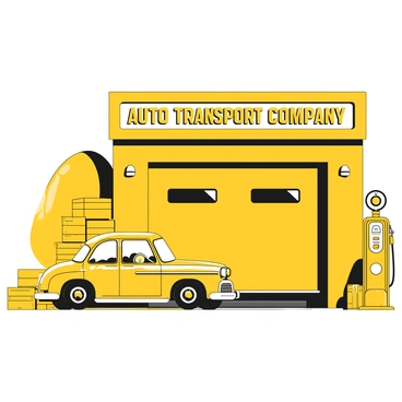 A classic 1950s transport truck is parked in front of a large garage building that features the words "Auto Transport Company" painted on its facade. The truck has a rounded shape with chrome details, a large windshield, and prominent headlights. Its paint is glossy, with a distinct design typical of the era. The garage doors are closed, and a few crates are stacked nearby, indicating an active transport area. The ground is paved, and there is an old-fashioned gas pump standing to the side of the garage.