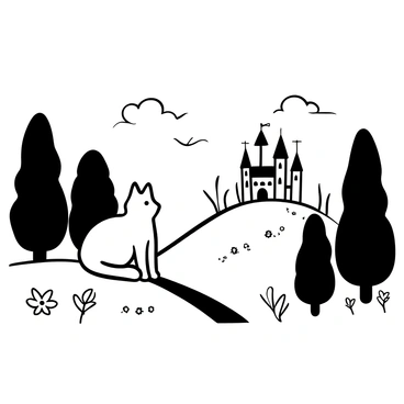 A cat with a fluffy coat sitting atop a grassy hill, gazing intently at a distant castle looming against the horizon. The castle is grand, with tall turrets and a stone facade, surrounded by thick trees that frame its majestic structure. The sky is filled with wispy clouds, and the hill slopes gently down on either side, dotted with wildflowers in the foreground. The cat’s posture is alert, emphasizing its curiosity about the castle far away.