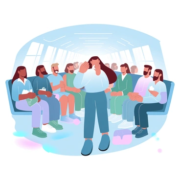 A person is sneezing while standing on a crowded bus. The individual has their mouth partially covered with one hand, and a tissue is visible in the other hand. Surrounding them are multiple passengers, each displaying a look of surprise. Some passengers are sitting and looking up, while others are standing, shifting away slightly. Various bags and personal items are scattered around on the bus floor. The interior of the bus features overhead bars and window seats, adding to the scene's crowded atmosphere.