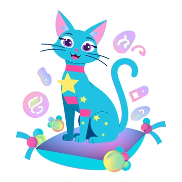A cartoonish cat with a round face, large expressive eyes, and oversized ears. The cat has a vibrant coat featuring bold colors like electric blue, neon pink, and sunny yellow, adorned with playful, stylized patterns such as stars, stripes, and swirls. Its paws are small and rounded, and it has a long, curled tail that adds to its whimsical appearance. The cat is playfully perched on a colorful, oversized cushion, surrounded by various playful toys and a cheerful backdrop with abstract shapes.