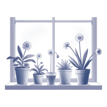 A windowsill with several potted plants of different sizes and shapes. Each pot is distinct, featuring various textures and designs. The plants show diverse foliage; some have large, broad leaves while others possess delicate, slender stems. Each plant is in a different stage of bloom, with some showcasing vibrant flowers fully opened, while others display tight buds or blossoming petals. The sunlight streams through the window, casting gentle shadows on the plants and highlighting their intricate details.