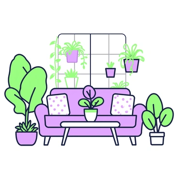 A cozy apartment interior is filled with various indoor plants positioned in every corner. On the left, there is a tall potted fern with lush, green fronds. Beside it, a small succulent in a ceramic pot adds a touch of texture. In the center of the room, a coffee table made of wood holds a vibrant peace lily in full bloom. The wall in the background is adorned with several hanging planters, showcasing various trailing vines. A comfortable sofa with patterned cushions is placed adjacent to a window, allowing natural light to pour in and illuminate the plants.