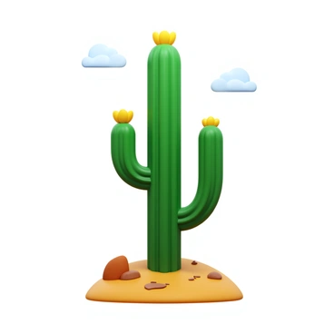 A tall cactus with green spines, standing upright in a dry, cracked desert landscape. Bright yellow flowers bloom from the top of the cactus, contrasting with the surrounding earthy tones. Sparse patches of sand and small rocks are visible around the base of the cactus. The sky is clear with a few wispy clouds, providing a stark backdrop to the vibrant colors of the cactus and its flowers.